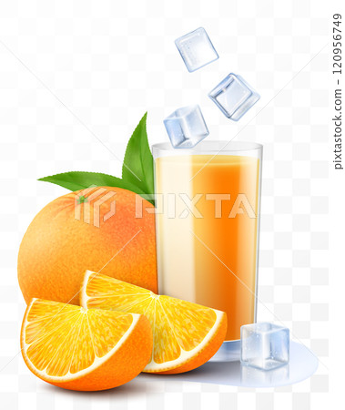 A glass of fresh orange juice or smoothie with ice cubes falling into the glass. Cup of cocktail or yogurt with orange fruits, isolated on transparent background. Realistic 3d vector illustration A glass of fresh orange juice or smoothie with ice cubes falling into the glass. Cup of cocktail or yogurt with orange fruits, isolated on transparent background. Realistic 3d vector illustration 120956749