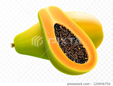 Fresh natural papaya, isolated on transparent background. Pawpaw, papaya half with seeds and whole juicy fruit. Tropical, exotic fruit. Realistic 3d vector illustration. 120956750