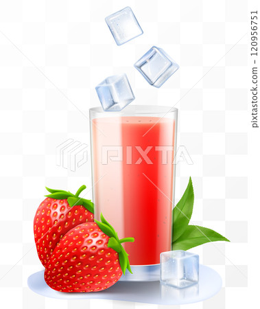 A glass of fresh strawberry juice or smoothie with ice cubes. Cup of cocktail or yogurt with ripe sweet strawberry, isolated on transparent background. Realistic 3d vector illustration A glass of fresh strawberry juice or smoothie with ice cubes. Cup of cocktail or yogurt with ripe sweet strawberry, isolated on transparent background. Realistic 3d vector illustration 120956751