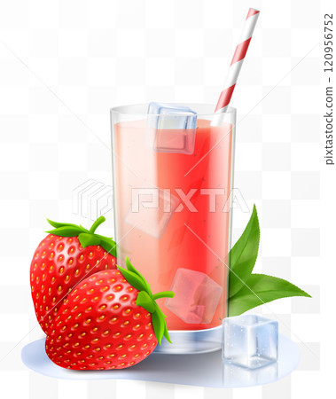 A glass of fresh strawberry juice or smoothie with ice cubes and straw. Cup of cocktail or yogurt with ripe sweet strawberry, isolated on transparent background. Realistic 3d vector illustration 120956752