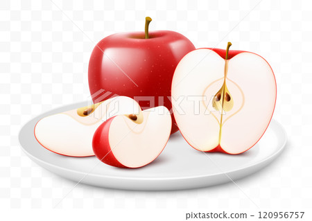 Ripe juicy apples on a white plate isolated on a transparent background. Whole apple fruits and sliced. Healthy vitamin food. Realistic 3d vector illustration 120956757