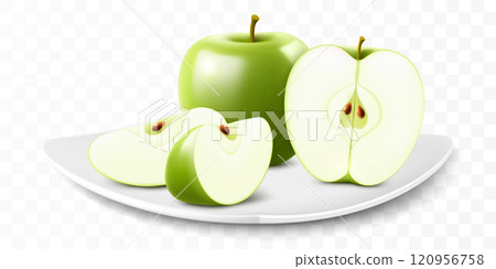 Green juicy apples on a white plate isolated on a transparent background. Whole apple fruits and sliced. Healthy vitamin food. Realistic 3d vector illustration 120956758