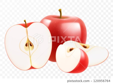 Red ripe juicy apple isolated on transparent background. A whole apple and pieces of a delicious apple. Realistic 3d vector illustration. Bright fruit composition. Template for your summer design 120956764