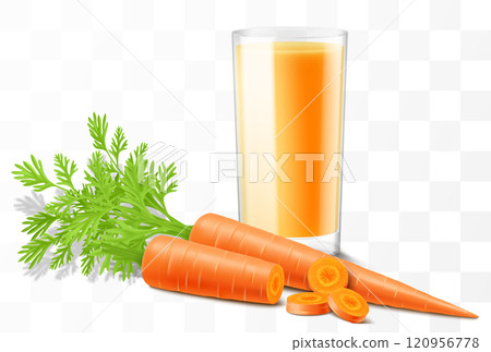 A glass of fresh carrot juice or smoothie. Cup of cocktail with carrot vegetables, isolated on transparent background. Realistic 3d vector illustration A glass of fresh carrot juice or smoothie. Cup of cocktail with carrot vegetables, isolated on transparent background. Realistic 3d vector illustration 120956778