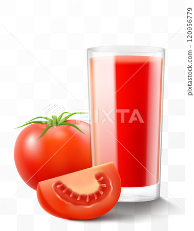 A glass of fresh tomato juice or smoothie. Cup of cocktail with tomato vegetables, isolated on transparent background. Realistic 3d vector illustration A glass of fresh tomato juice or smoothie. Cup of cocktail with tomato vegetables, isolated on transparent background. Realistic 3d vector illustration 120956779