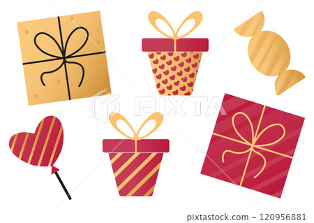 Set of elements with romantic symbols: gifts, ball, candy. Illustrations on the theme of Valentine's Day, birthday, Christmas. Bright pink, gold and red colors are ideal for the design of postcards or 120956881