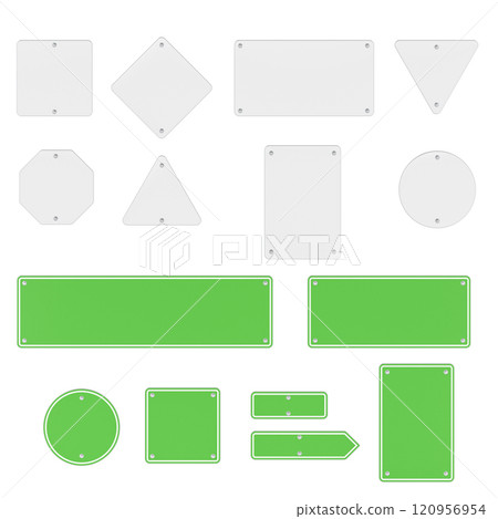 Blank green traffic signs and white road signs. Template, mockup, front view. 3D rendering 120956954