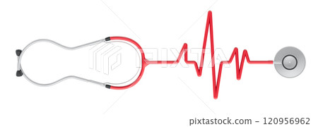 Stethoscope with heartbeat shape from cord, EKG line shape. 3D rendering Stethoscope with heartbeat shape from cord, EKG line shape. 3D rendering 120956962