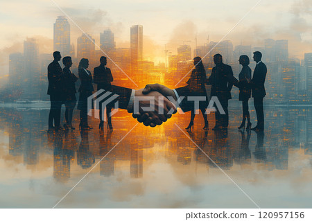 在城市辦公大樓的日落背景下，商人握手商定合約的剪影 120957156