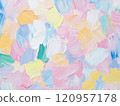 Light blue pink oil brush strokes. Close up macro texture acrylic paint modern picture. Decorative art wallpaper background 120957178
