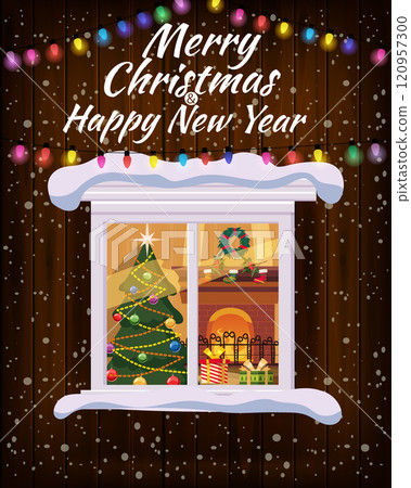 Chrismas window, night, decoraions garland retro, living room christmas tree. Xmas and new Year holiday celebration. Vector illustration flat cartoon style 120957300