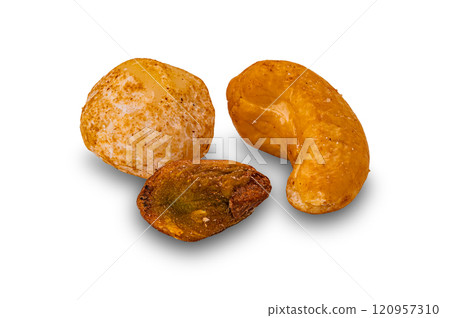 High angle view of roasted crispy salted different nuts. 120957310