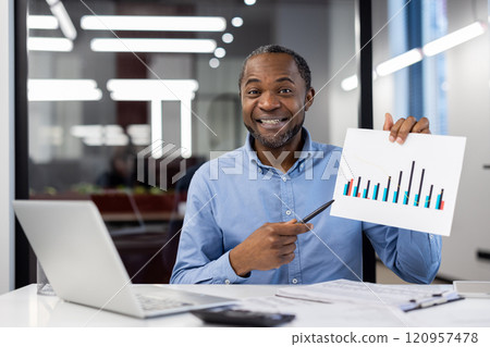 African American businessman presenting sales chart. Smiling, confident expression, showcasing positive data trend. Modern office environment, professional attire, successful presentation. African American businessman presenting sales chart. Smiling, confident expression, showcasing positive data trend. Modern office environment, professional attire, successful presentation. 120957478