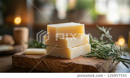 A stack of bars of soap, arranged on an olive wood board. 120957541