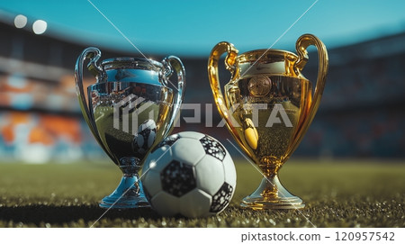 Shiny golden and silver trophy cups with a ball in front of them on a blurry stadium background. 120957542