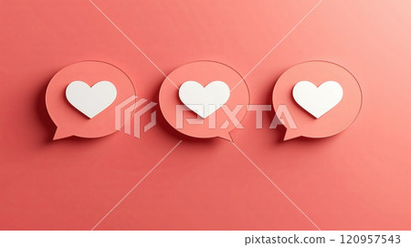 A social media-like icon with three speech bubbles, each containing one white heart symbol. 120957543