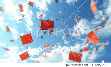 The red envelopes against a blue sky, with a few clouds. 120957560