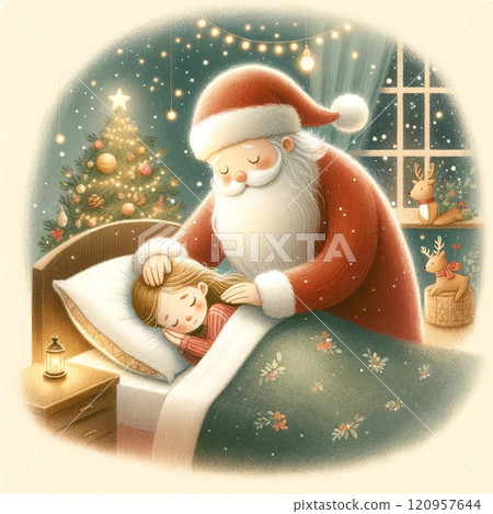 Santa gently putting a child to sleep Generative AI illustration 120957644