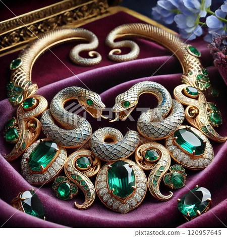 Gazing at each other snake motif jewelry Zodiac snake 2025 Generative AI illustration 120957645