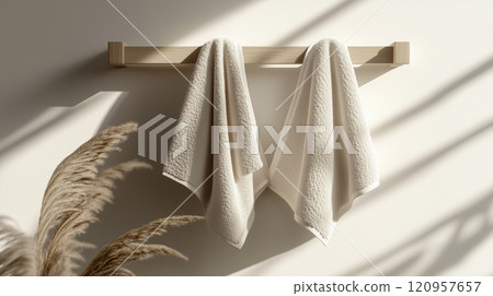 A minimalist wooden towel rack with towels in light beige and white tones. 120957657