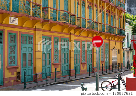 Rua do Volong street old town retro building in Macau 120957681