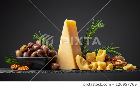 Parmesan cheese with olives and rosemary. 120957769