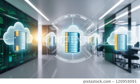 Seamless cloud deployment with glowing server icons in futuristic tech workspace, showcasing advanced technology and connectivity 120958091