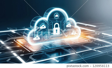 Cloud security visualization features glowing holographic icons and layered tech grid, showcasing advanced design elements that emphasize data protection and connectivity 120958113