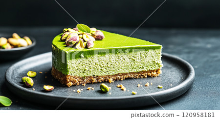 Pistachio mousse cake, cheesecake on dark plate with mint leaves 120958181