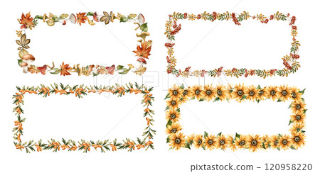Autumn frames with leaves, mushrooms, flowers, insect and animal. Watercolor hand drawn floral isolated illustration set for fall design, cozy cards, print, labels, tags, kitchen textile, home decor Autumn frames with leaves, mushrooms, flowers, insect and animal. Watercolor hand drawn floral isolated illustration set for fall design, cozy cards, print, labels, tags, kitchen textile, home decor 120958220