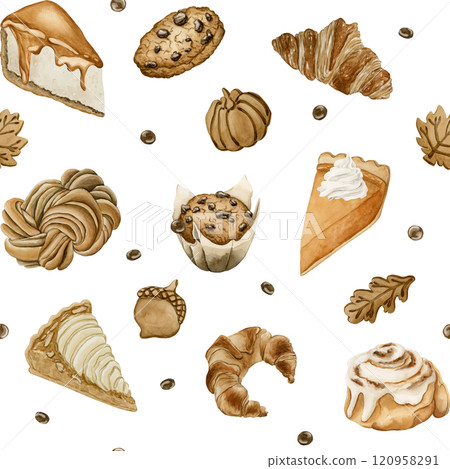 Autumn Pastry and Desserts. Fall Delicious Candy Sweets. Watercolor food seamless pattern on white background for bakery design, kitchen textile, delicious fabric, wrapping paper, cozy packages, cards 120958291