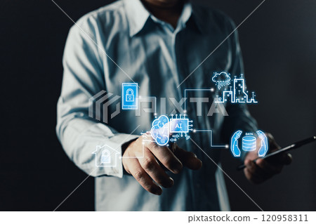 man holding smart AI chatbot and command prompt.Big data storage.Digital Artificial Intelligence technology disruption concept.We are implementing automated tech support and service in the business. man holding smart AI chatbot and command prompt.Big data storage.Digital Artificial Intelligence technology disruption concept.We are implementing automated tech support and service in the business. 120958311