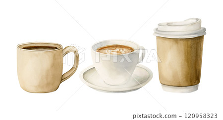 Coffee tea cup, mug and disposable craft paper cup takeaway. Hot beverages set. Watercolor food illustration hand painted isolated on white background for coffee shop design, cafe menu, packages 120958323
