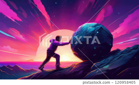Silhouette of a man pushing a huge boulder up the hill. Sisyphus metaphor carry a heavy stone uphill to the top of a mountain. Force used in vain, struggle and perseverance conceptual background 120958405