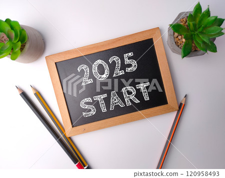 Top view wooden board 2025 START on a white background. Business concept. Top view wooden board 2025 START on a white background. Business concept. 120958493