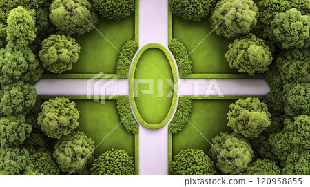 Green formal garden illustration with white paths and trees 120958855