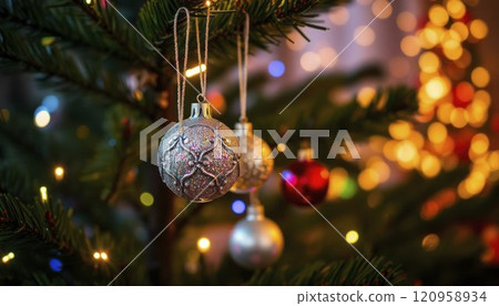 festive christmas tree with glittering ornaments and bokeh lights 120958934
