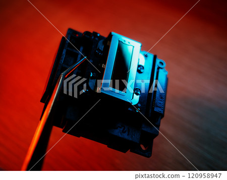 Inkjet Print Head details. Piezoelectric Printing Technologies. Miniature Color Ink Jet Nozzles for Photorealistic High Resolution Printing. Control cable connector. October 10, 2024 - Rovinj, Croatia Inkjet Print Head details. Piezoelectric Printing Technologies. Miniature Color Ink Jet Nozzles for Photorealistic High Resolution Printing. Control cable connector. October 10, 2024 - Rovinj, Croatia 120958947