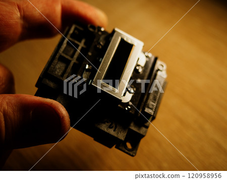 Inkjet Print Head details. Piezoelectric Printing Technologies. Miniature Color Ink Jet Nozzles for Photorealistic High Resolution Printing. Control cable connector. October 10, 2024 - Rovinj, Croatia 120958956