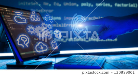 Programming code abstract screen of software developer. Coding script text on screen. Programming code abstract screen of software developer. Coding script text on screen. 120959001