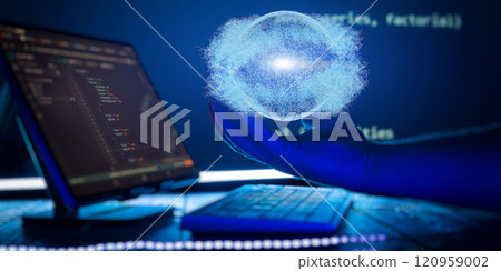 Hand Holding a Digital Globe with Software Code in Background Representing Global Technology, Programming, and Digital Connectivity Hand Holding a Digital Globe with Software Code in Background Representing Global Technology, Programming, and Digital Connectivity 120959002