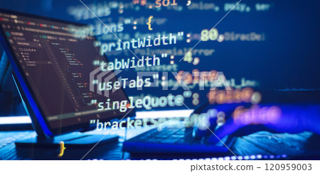 Project managers work new idea. Mobile app developer. Innovative startup project. Website programming code Project managers work new idea. Mobile app developer. Innovative startup project. Website programming code 120959003