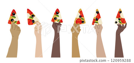 Different Colored Hans Holding Pizza Slice Vector Flat Illustration 120959288