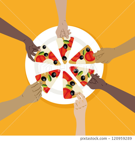 Human Hand Holding Pizza Slices on Plate, Fast Food Illustration on Yellow Background 120959289
