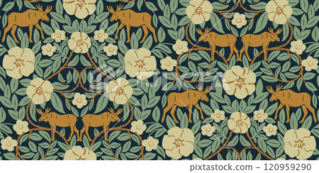 Moose Animal and Floral Medieval Seamless Pattern 120959290