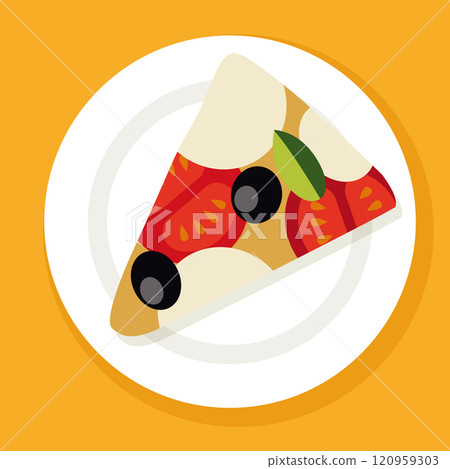 Pizza Slice on White Plate with Cheese, Tomatoes, Olives and Basil Vector Food Icon 120959303