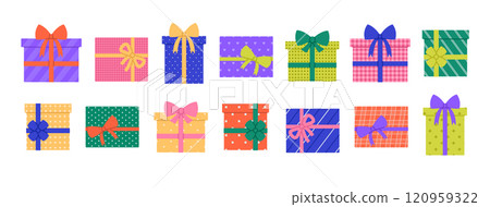 Set of colored gift boxes with different patterns and bows. Present collection in colorful wrapping paper. Birthday, Christmas celebration. Vector flat illustration isolated on white background Set of colored gift boxes with different patterns and bows. Present collection in colorful wrapping paper. Birthday, Christmas celebration. Vector flat illustration isolated on white background 120959322