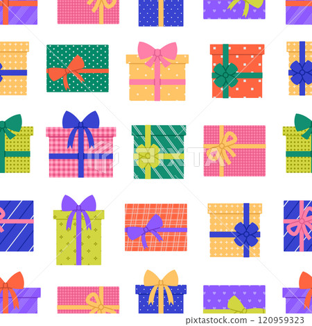 Seamless pattern with colored gift boxes with different print and bows on white background. Birthday, Christmas celebration. Vector flat illustration for wallpaper, textile, packaging Seamless pattern with colored gift boxes with different print and bows on white background. Birthday, Christmas celebration. Vector flat illustration for wallpaper, textile, packaging 120959323