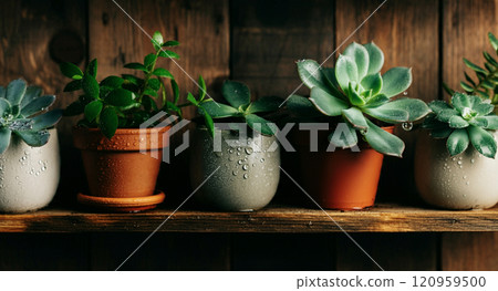 架上的小盆栽多肉植物 架上的小盆栽多肉植物 120959500
