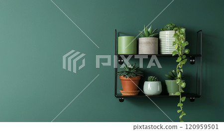 牆上的架子和種植在時尚花盆中的觀賞植物 120959501